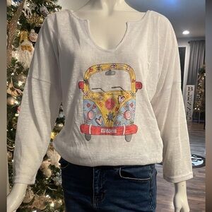 White Graphic Long Sleeve Top with Peace Van Design